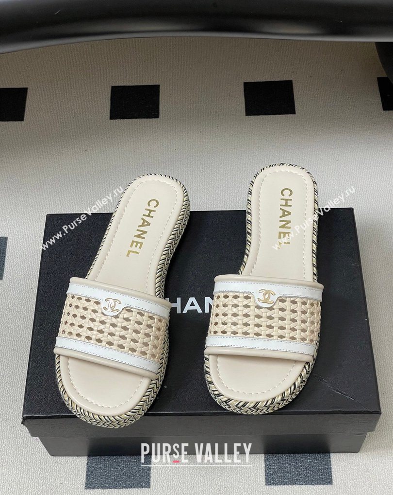 Chanel Braided Calfskin Leather Flat Slides Sandal Beige/White 2026 CH030901 (MD-260309057)