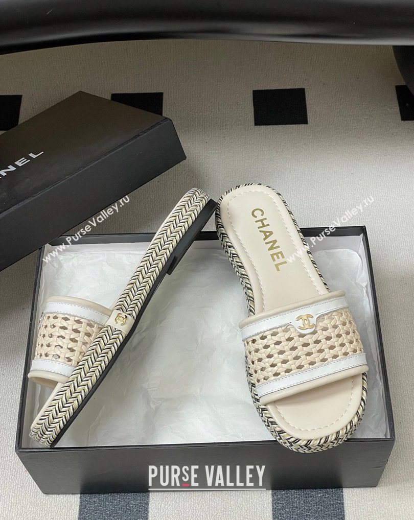 Chanel Braided Calfskin Leather Flat Slides Sandal Beige/White 2026 CH030901 (MD-260309057)