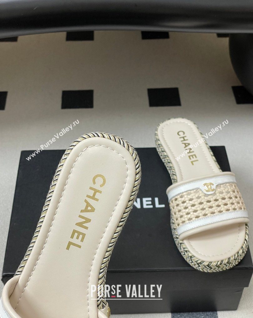 Chanel Braided Calfskin Leather Flat Slides Sandal Beige/White 2026 CH030901 (MD-260309057)