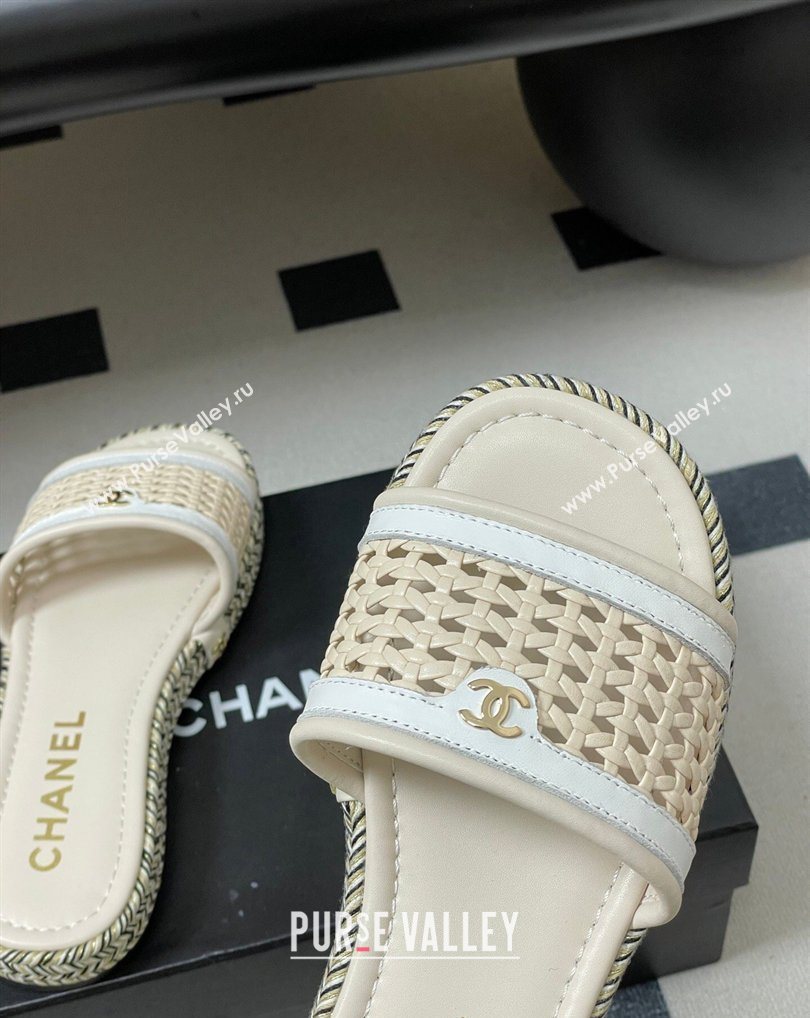 Chanel Braided Calfskin Leather Flat Slides Sandal Beige/White 2026 CH030901 (MD-260309057)