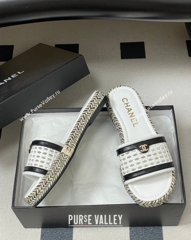 Chanel Braided Calfskin Leather Flat Slides Sandal White2 2026 CH030901 (MD-260309058)