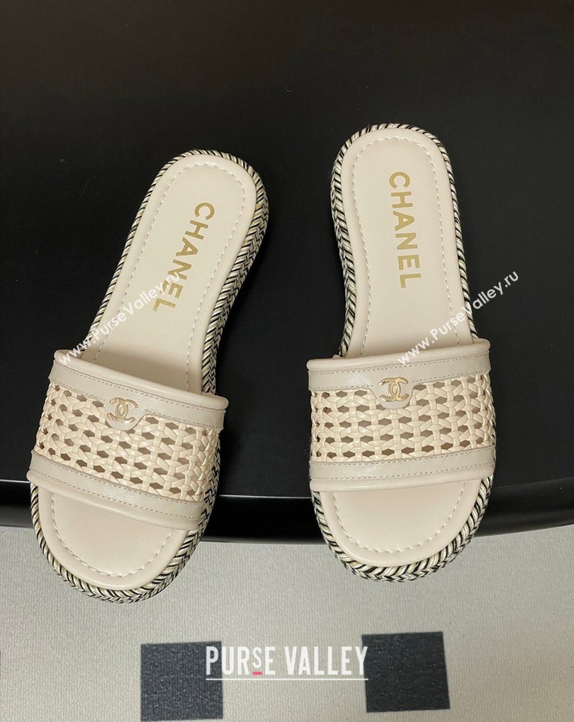 Chanel Braided Calfskin Leather Flat Slides Sandal Light Beige 2026 CH030901 (MD-260309059)