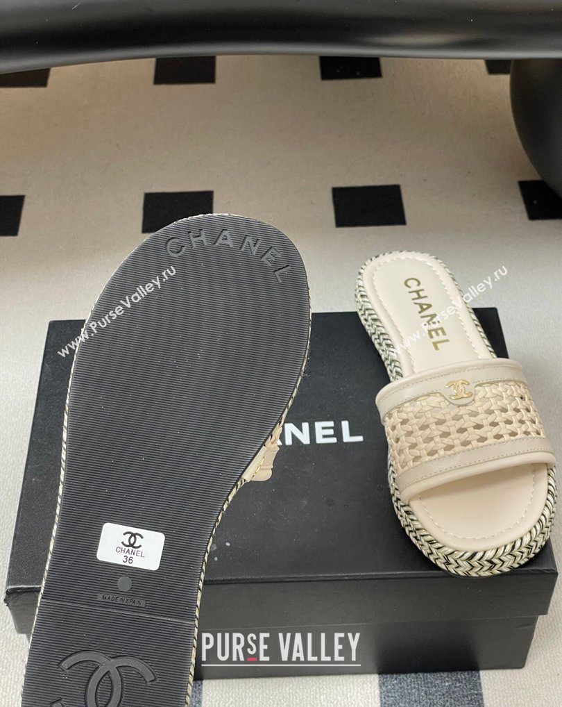 Chanel Braided Calfskin Leather Flat Slides Sandal Light Beige 2026 CH030901 (MD-260309059)