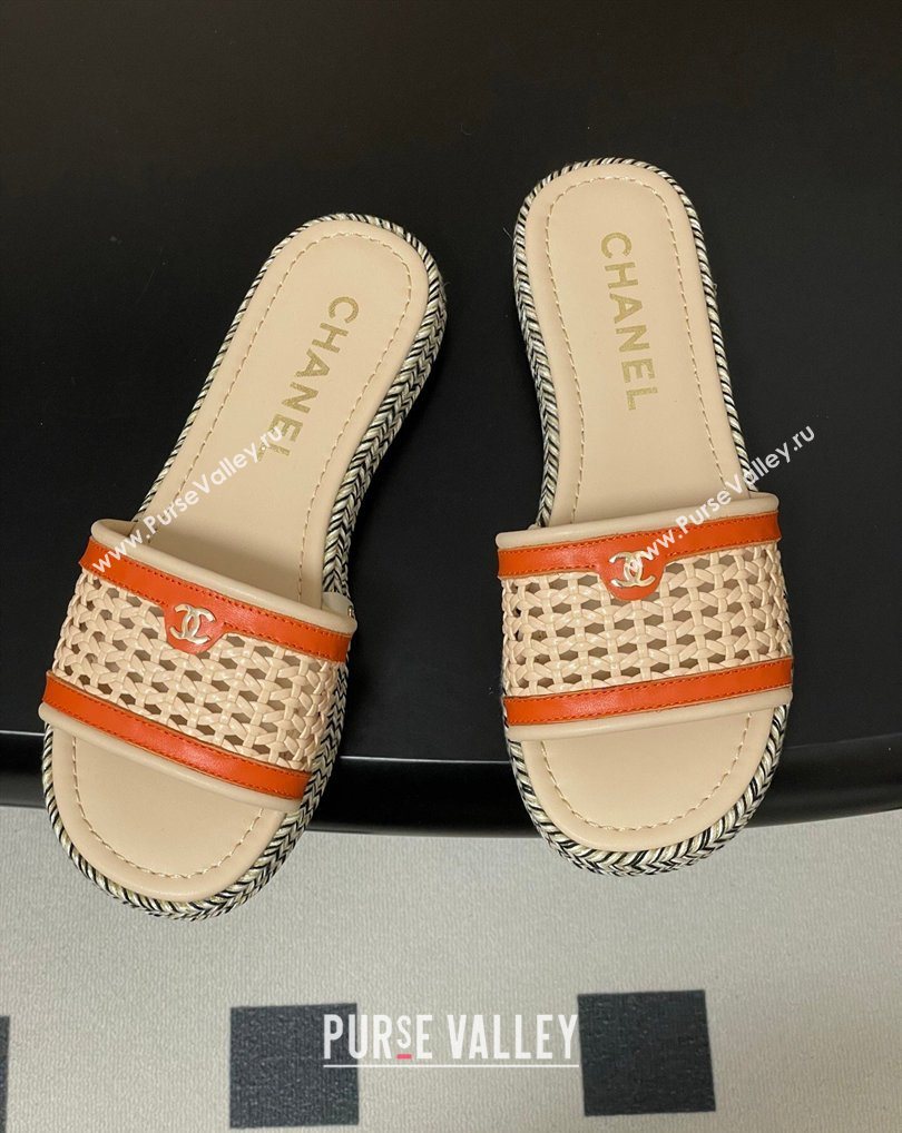 Chanel Braided Calfskin Leather Flat Slides Sandal Beige/Orange 2026 CH030901 (MD-260309060)