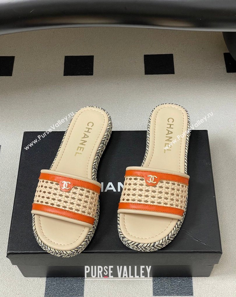 Chanel Braided Calfskin Leather Flat Slides Sandal Beige/Orange 2026 CH030901 (MD-260309060)