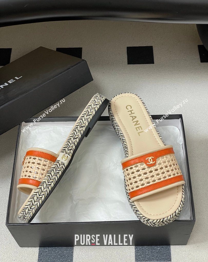 Chanel Braided Calfskin Leather Flat Slides Sandal Beige/Orange 2026 CH030901 (MD-260309060)