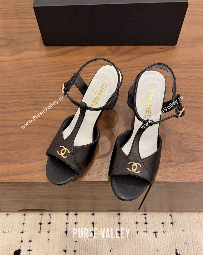 Chanel Calfskin Leather Heel Sandals with T Strap Black 2026 G47030 (MD-260309065)