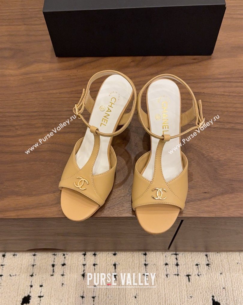 Chanel Calfskin Leather Heel Sandals with T Strap Beige 2026 G47030 (MD-260309066)