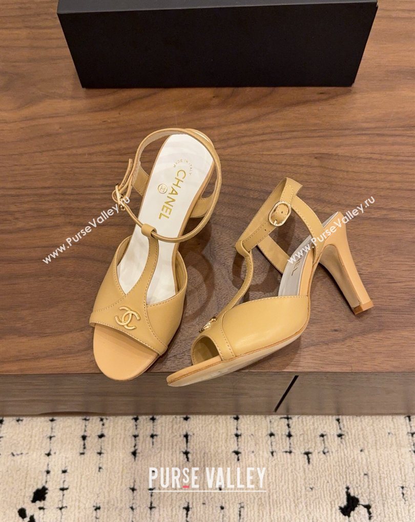 Chanel Calfskin Leather Heel Sandals with T Strap Beige 2026 G47030 (MD-260309066)