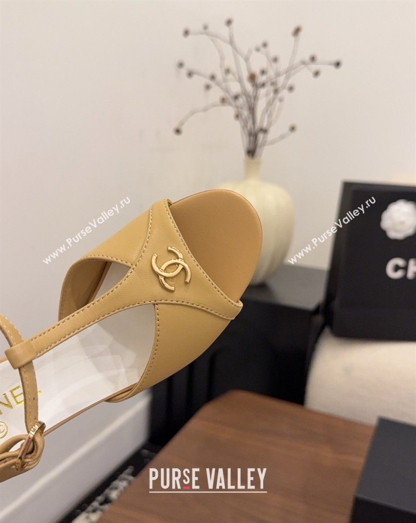 Chanel Calfskin Leather Heel Sandals with T Strap Beige 2026 G47030 (MD-260309066)