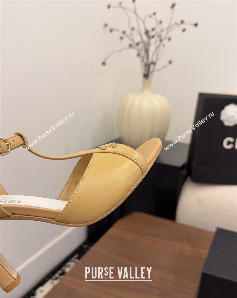Chanel Calfskin Leather Heel Sandals with T Strap Beige 2026 G47030 (MD-260309066)