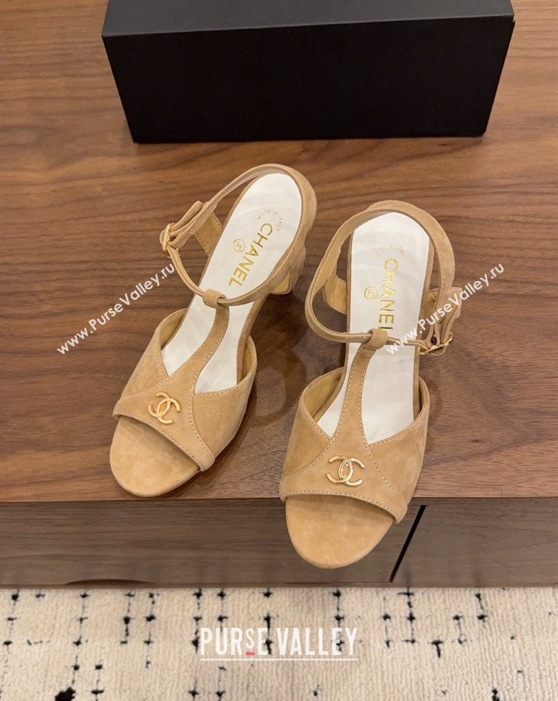 Chanel Suede Heel Sandals with T Strap Beige 2026 G47030 (MD-260309070)