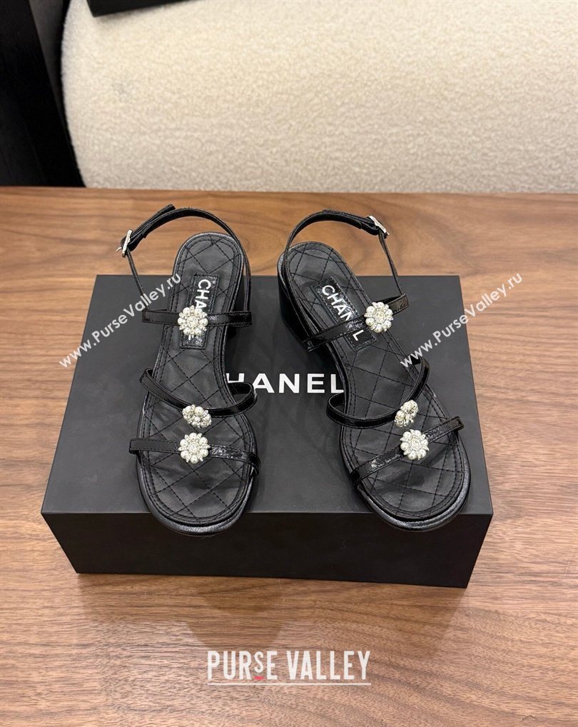 Chanel Lambskin Leather Low Heel Strap Sandals with Bloom Black 2026 G46964 (MD-260309078)