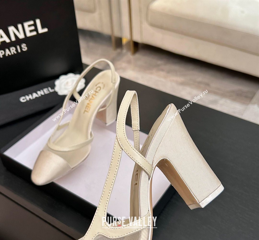Chanel Mesh Grosgrain Slingbacks Pump 9cm Ivory 2026 G45509 0309 (MD-260309017)