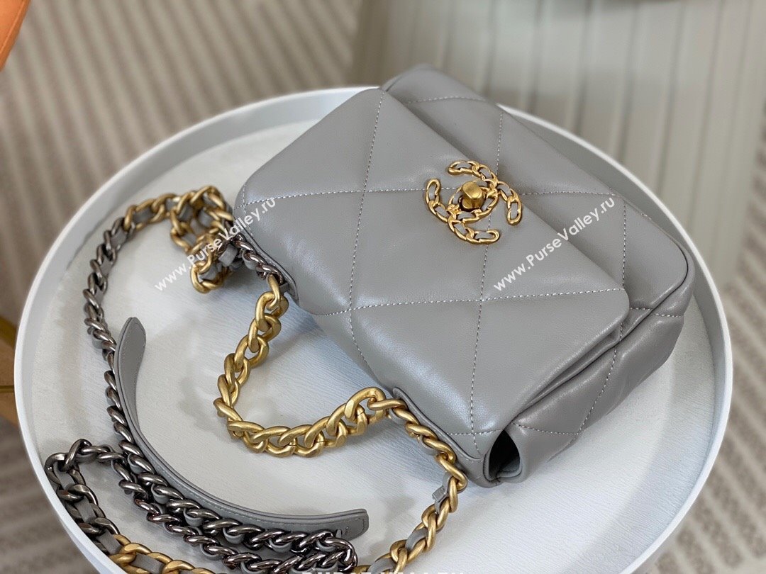 Chanel 19 Shiny Lambskin Mini Flap Bag AS1159 Grey 2024 0311 (sm-240311045)