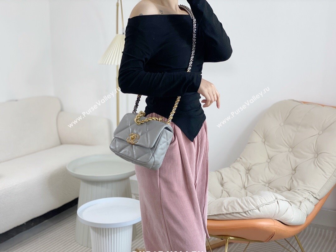 Chanel 19 Shiny Lambskin Mini Flap Bag AS1159 Grey 2024 0311 (sm-240311045)
