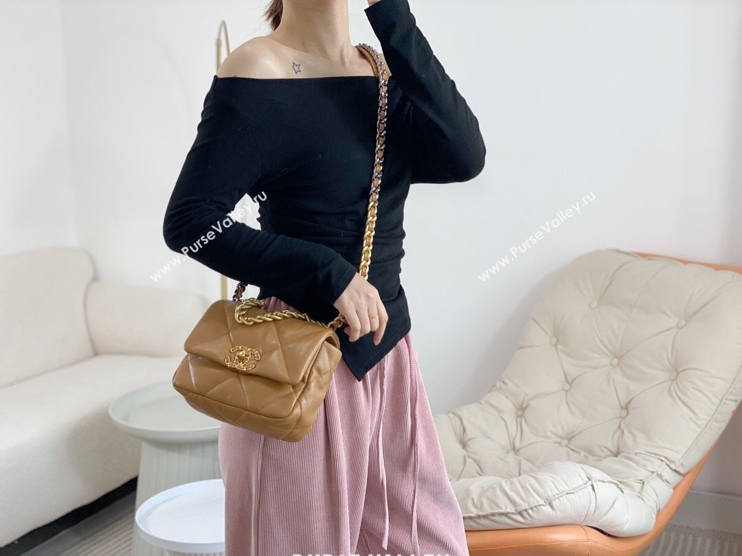 Chanel 19 Shiny Lambskin Mini Flap Bag AS1159 Brown 2024 (sm-240311048)