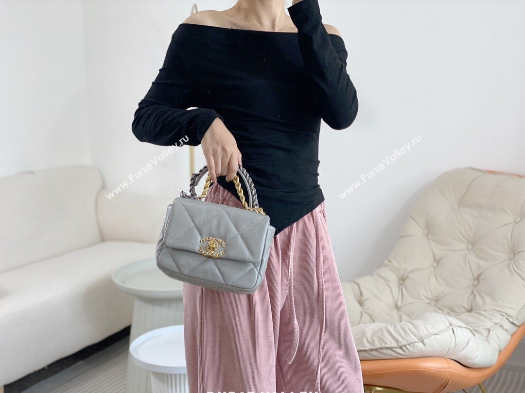 Chanel 19 Shiny Lambskin Mini Flap Bag AS1159 Grey 2024 0311 (sm-240311045)