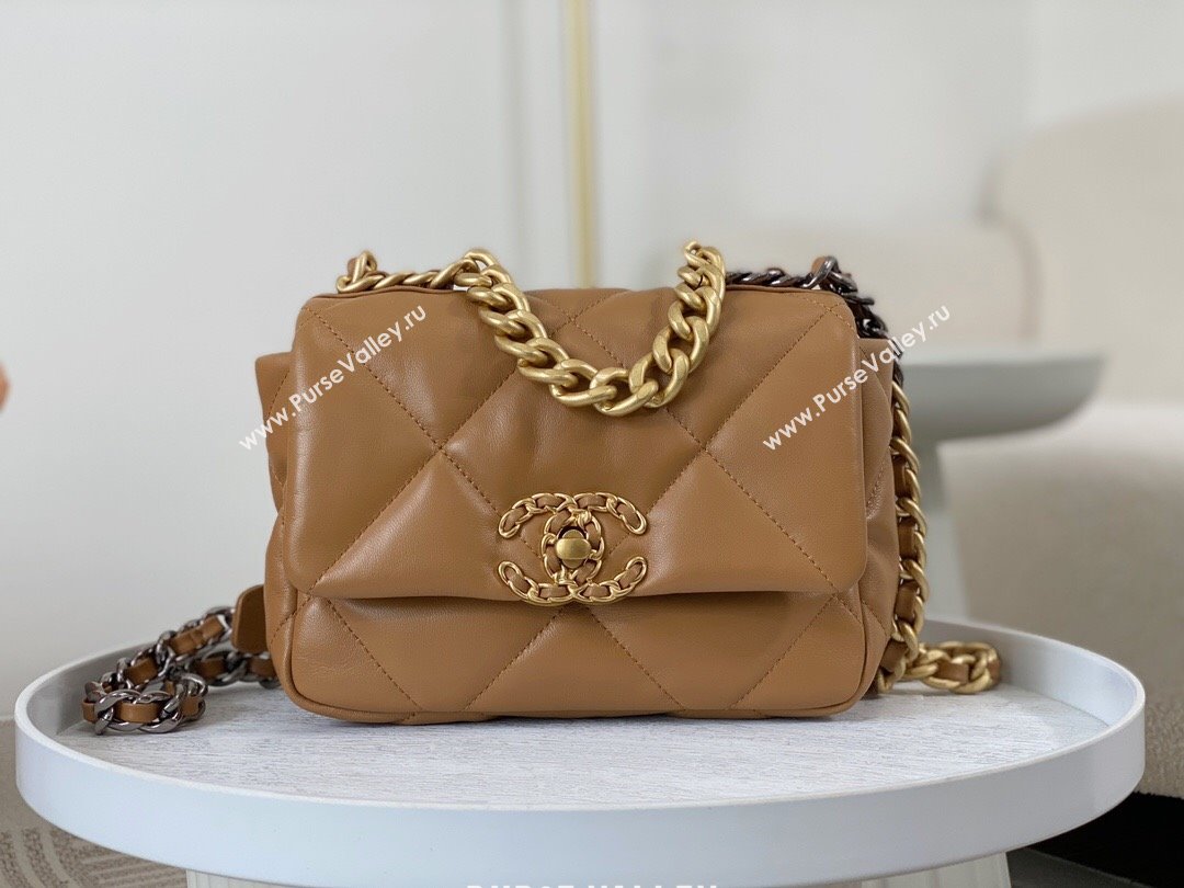 Chanel 19 Shiny Lambskin Mini Flap Bag AS1159 Brown 2024 (sm-240311048)