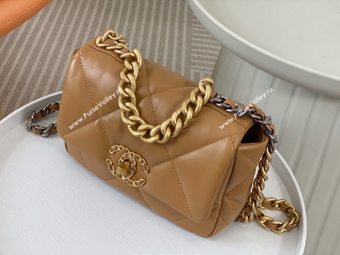Chanel 19 Shiny Lambskin Mini Flap Bag AS1159 Brown 2024 (sm-240311048)