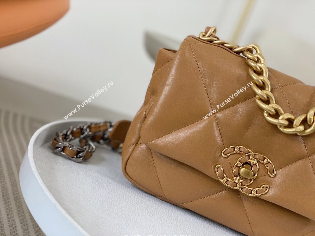 Chanel 19 Shiny Lambskin Mini Flap Bag AS1159 Brown 2024 (sm-240311048)