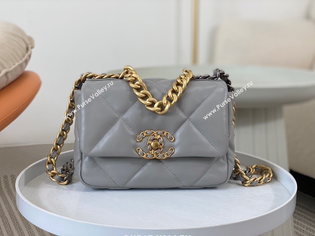 Chanel 19 Shiny Lambskin Mini Flap Bag AS1159 Grey 2024 0311 (sm-240311045)