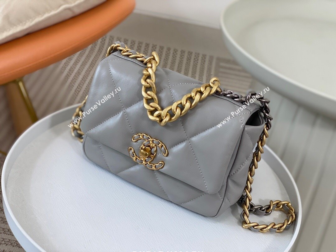 Chanel 19 Shiny Lambskin Mini Flap Bag AS1159 Grey 2024 0311 (sm-240311045)
