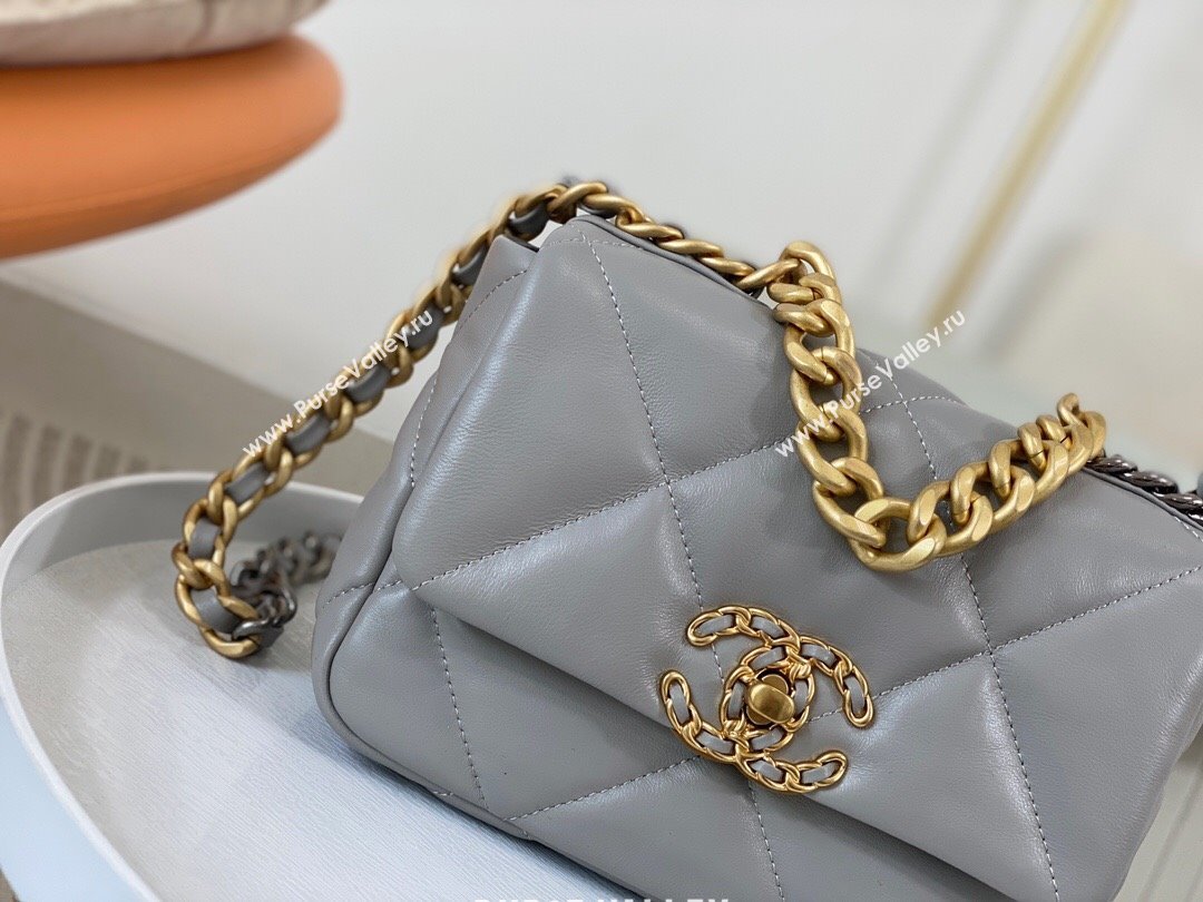 Chanel 19 Shiny Lambskin Mini Flap Bag AS1159 Grey 2024 0311 (sm-240311045)
