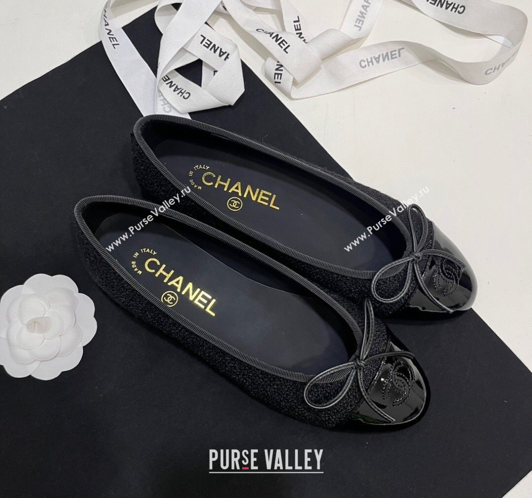 Chanel Tweed Patent Calfskin Ballet Flats Black 2024 G02819 (KL-2407230032)