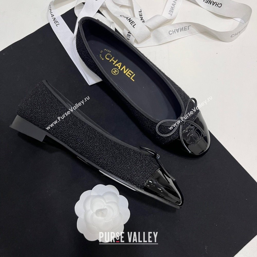 Chanel Tweed Patent Calfskin Ballet Flats Black 2024 G02819 (KL-2407230032)