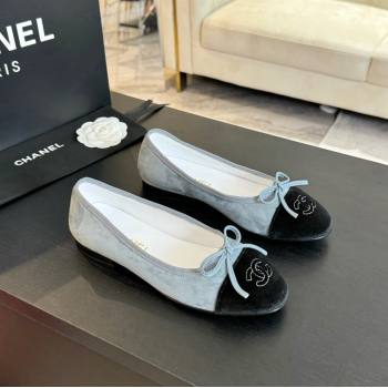 Chanel Velvet Ballet Flats Pale Blue/Black 2024 G02819 (KL-2407230040)