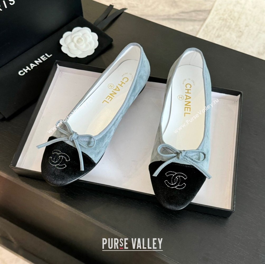 Chanel Velvet Ballet Flats Pale Blue/Black 2024 G02819 (KL-2407230040)