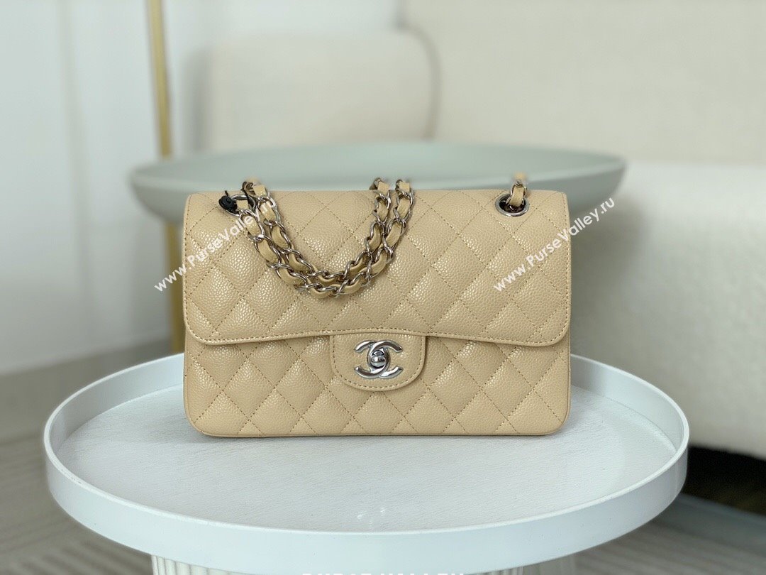 Chanel Grained Calfskin Classic Small Flap Bag A01113 Apricot/Silver 2023 (SM-231227042)