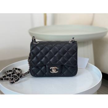 Chanel Grained Calfskin Classic Mini Square Flap Bag A35200 Black/Silver 2023 (SM-231227050)