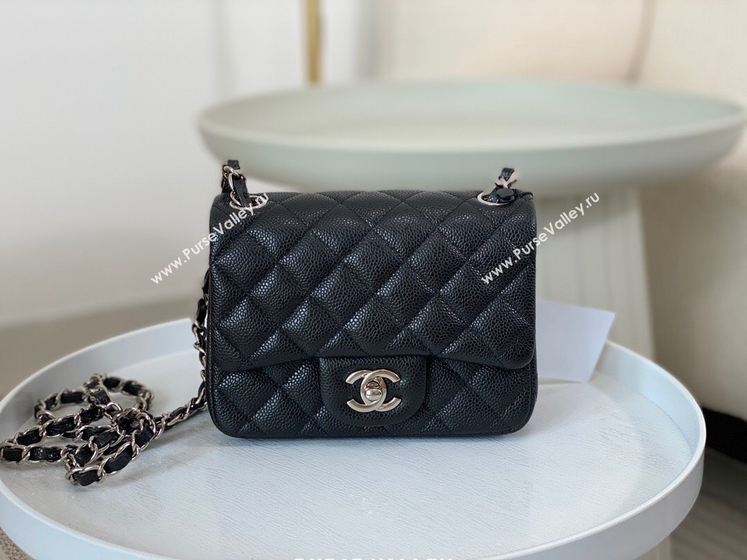 Chanel Grained Calfskin Classic Mini Square Flap Bag A35200 Black/Silver 2023 (SM-231227050)