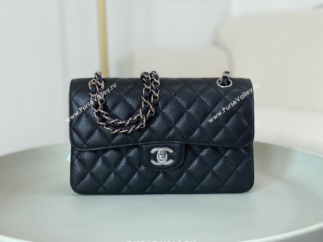 Chanel Grained Calfskin Classic Small Flap Bag A01113 Black/Silver 2023 (SM-231227052)