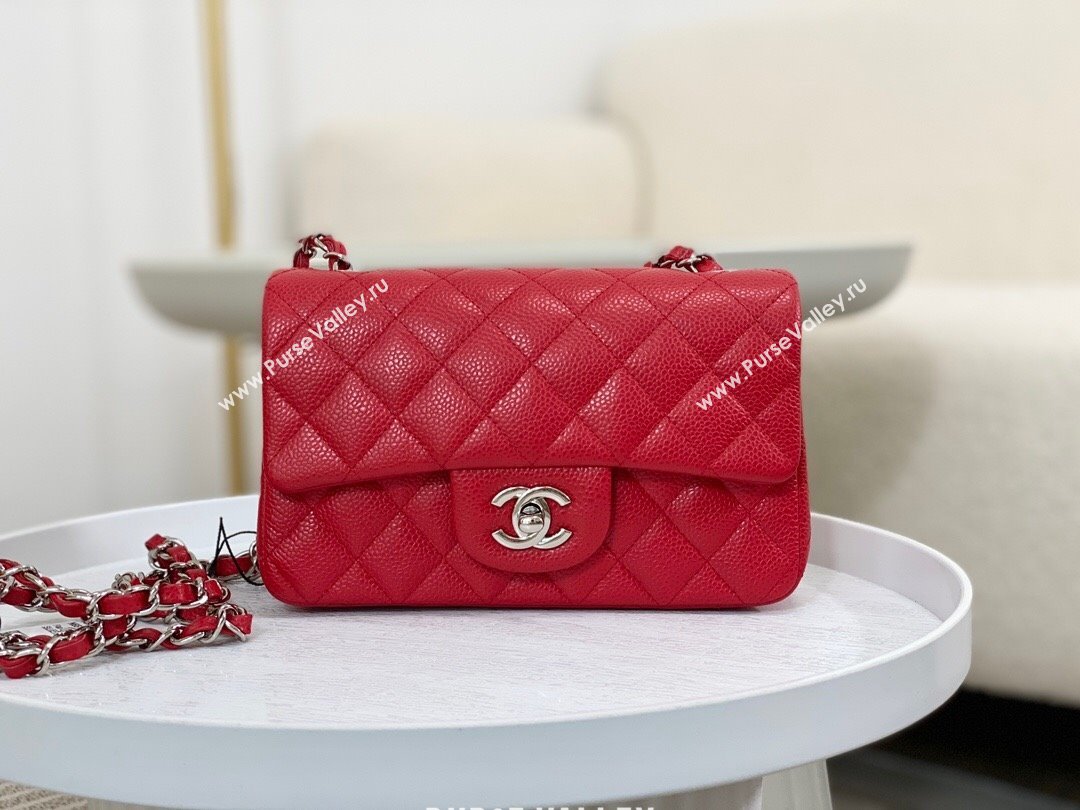 Chanel Grained Calfskin Classic Mini Flap Bag A69900 Red/Silver 2023 (SM-231227034)