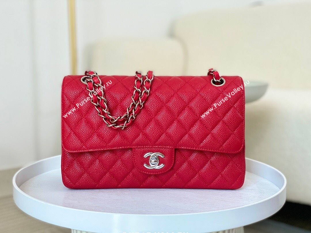 Chanel Grained Calfskin Classic Medium Flap Bag A01112 Red/Silver 2023 (SM-231227036)