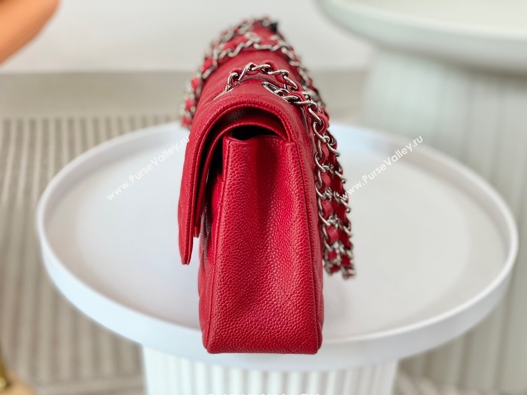 Chanel Grained Calfskin Classic Medium Flap Bag A01112 Red/Silver 2023 (SM-231227036)