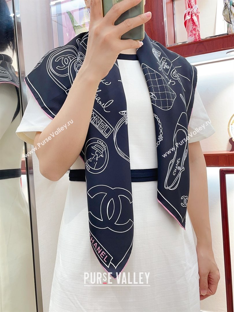 Chanel Silk Sqaure Scarf 90x90cm Black 2024 040701 (A-240407028)