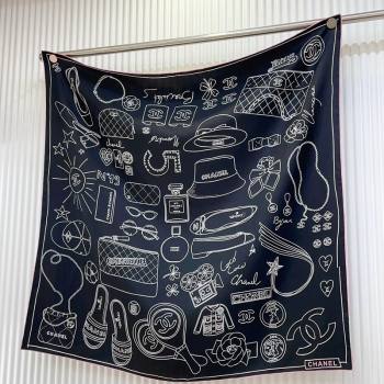 Chanel Silk Sqaure Scarf 90x90cm Black 2024 040701 (A-240407028)