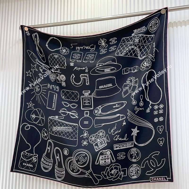 Chanel Silk Sqaure Scarf 90x90cm Black 2024 040701 (A-240407028)