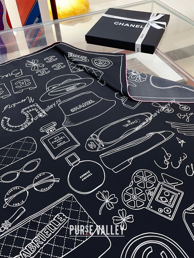 Chanel Silk Sqaure Scarf 90x90cm Black 2024 040701 (A-240407028)