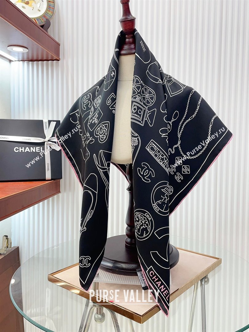 Chanel Silk Sqaure Scarf 90x90cm Black 2024 040701 (A-240407028)