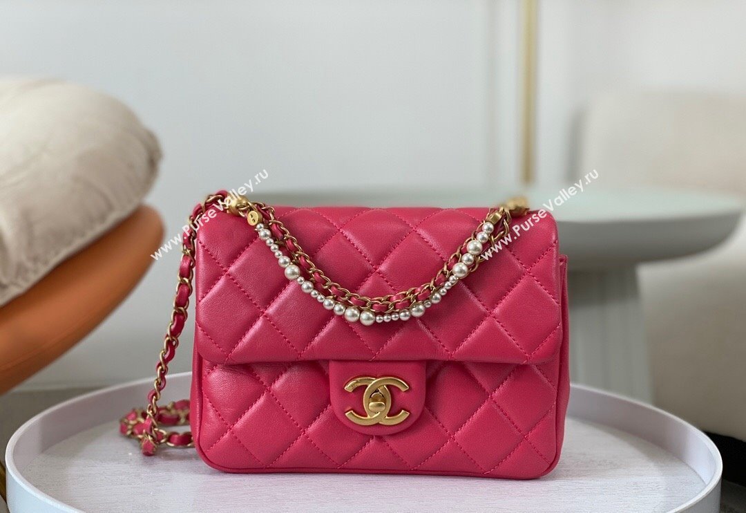 Chanel Shiny Lambskin Small Flap Bag with Chain and Pearls AS4384 Fuchsia Pink 2024 (SM-240717047)