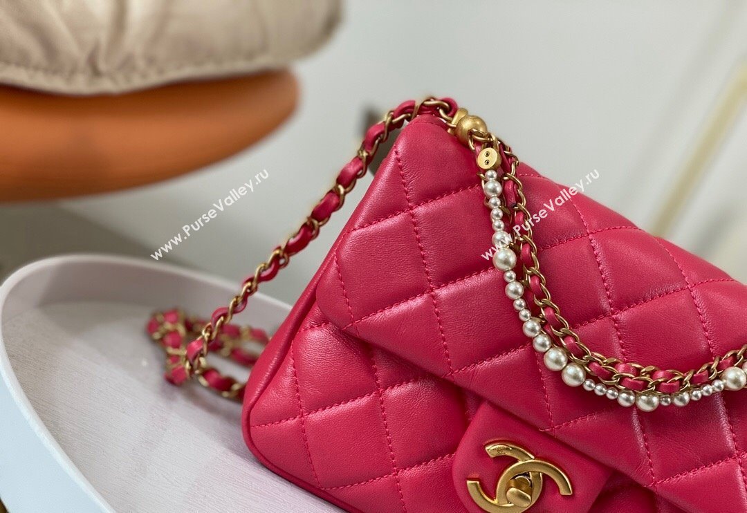 Chanel Shiny Lambskin Small Flap Bag with Chain and Pearls AS4384 Fuchsia Pink 2024 (SM-240717047)