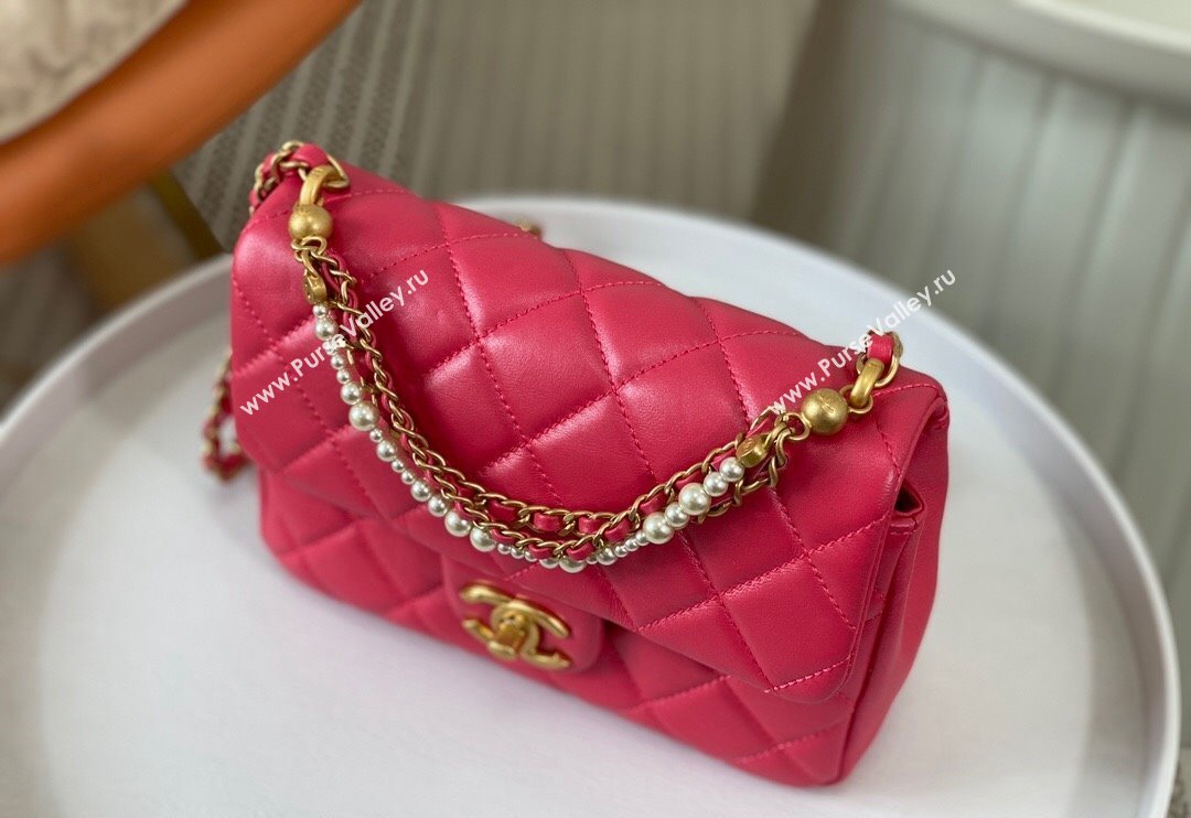 Chanel Shiny Lambskin Small Flap Bag with Chain and Pearls AS4384 Fuchsia Pink 2024 (SM-240717047)