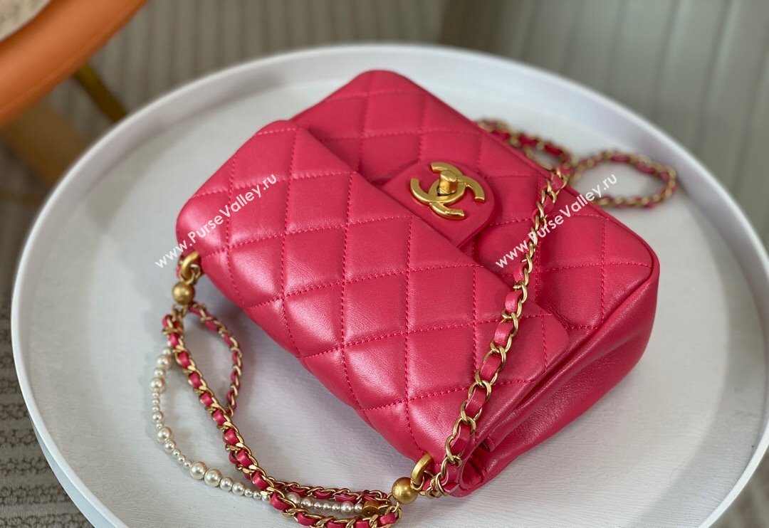 Chanel Shiny Lambskin Small Flap Bag with Chain and Pearls AS4384 Fuchsia Pink 2024 (SM-240717047)