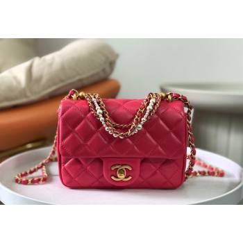 Chanel Shiny Lambskin Mini Flap Bag with Chain and Pearls AS4385 Fuchsia Pink 2024 (SM-240717046)