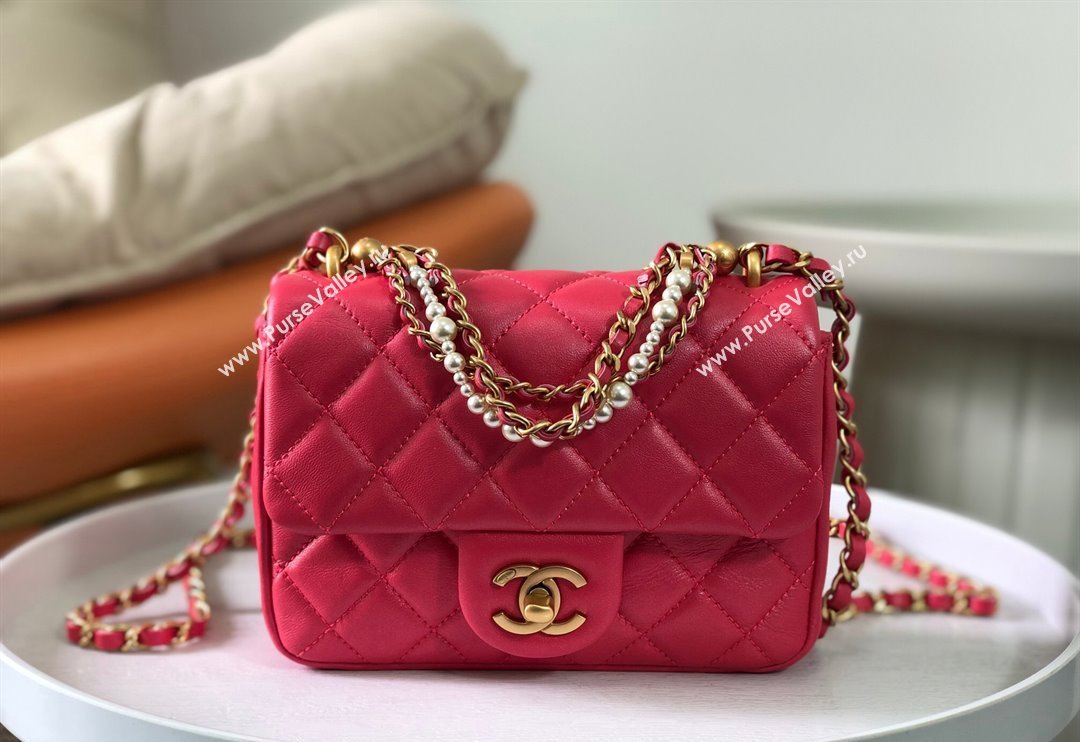 Chanel Shiny Lambskin Mini Flap Bag with Chain and Pearls AS4385 Fuchsia Pink 2024 (SM-240717046)